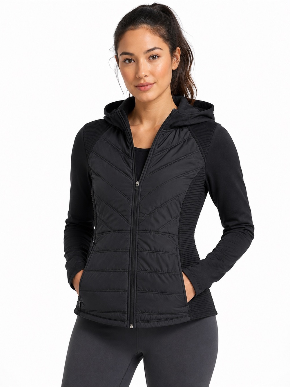 Women's Tek Gear Hooded Mixed-Media Jacket in Size Medium.